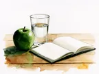 Akvarel af et glas vand, et æble og en åben notesbog i morgenlys