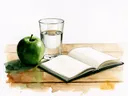 Akvarel af et glas vand, et æble og en åben notesbog i morgenlys