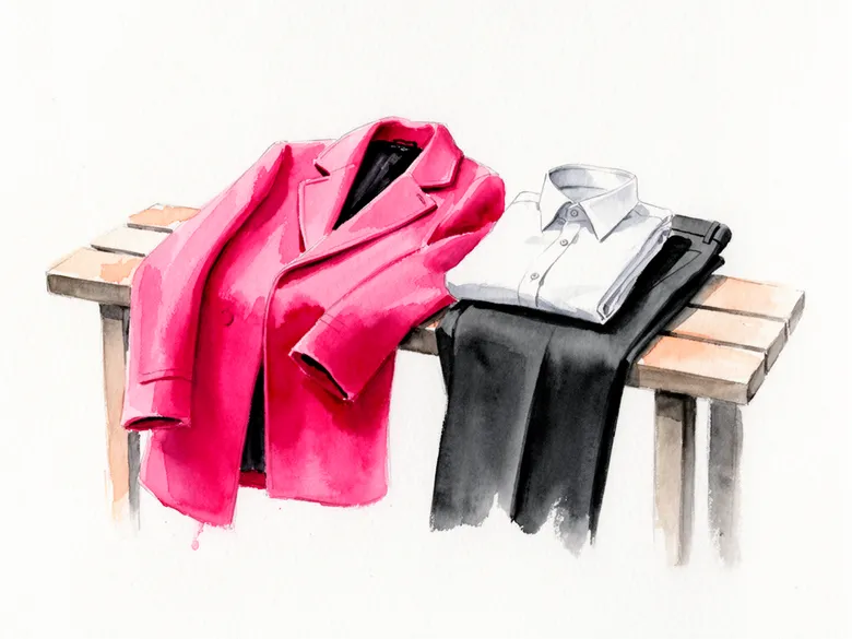 Akvarel af basisgarderobe på træbænk