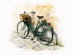 Akvarel af cykel lænet mod murvæg på brostensgade