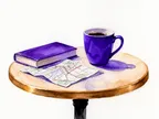 Akvarel af kaffekop på cafébord med bog og kort