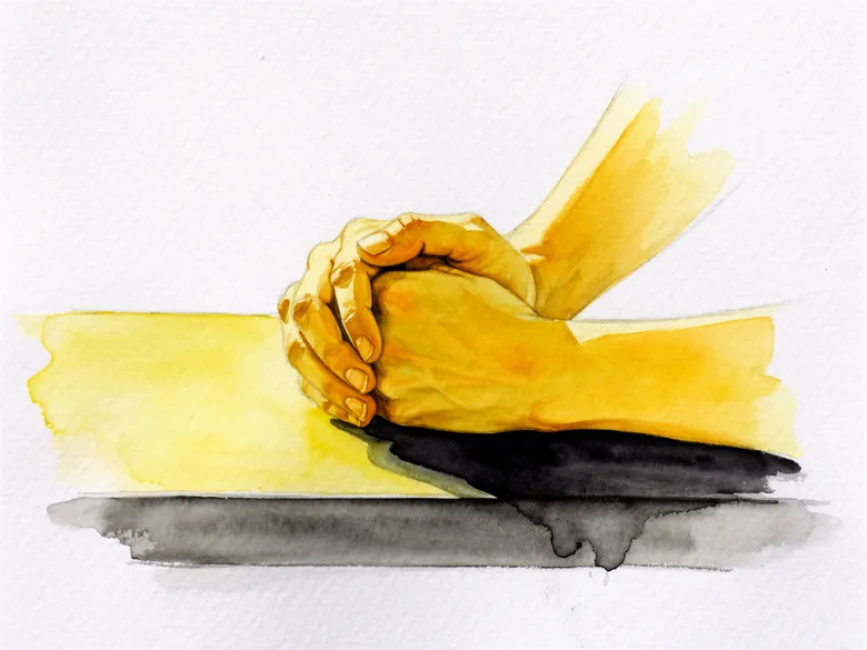 Akvarel af to hænder holdt sammen ved et bord