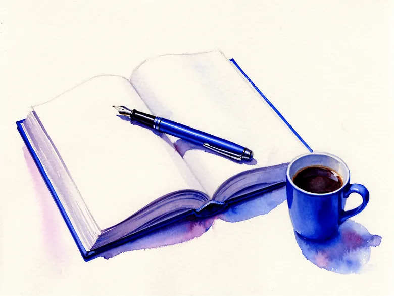 Akvarel af opslået bog og fyldepen