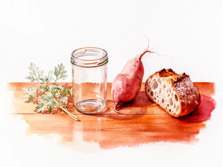 Akvarel af forskellige madelementer samlet på et bord set ovenfra