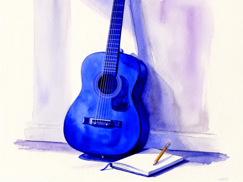 Akvarel af guitar og notesbog