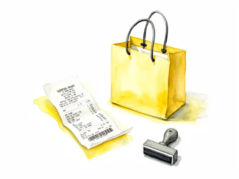 Akvarel af kvittering og indkøbspose