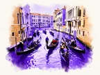 Akvarel af en travl venetiansk kanal