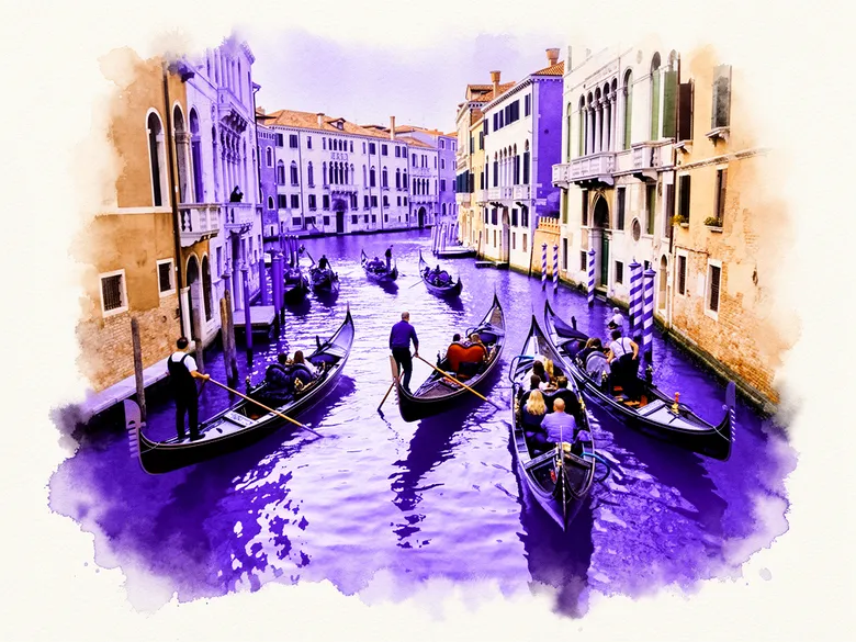 Akvarel af en travl venetiansk kanal