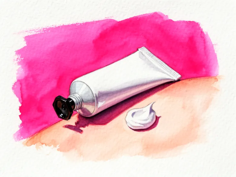 Akvarel af solcreme-tube og creme på hud