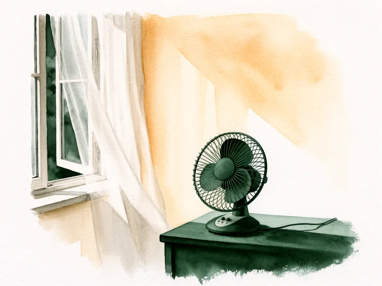 Akvarel af ventilator ved sengebord og åbent vindue