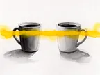 Akvarel af to kaffekopper med stiplet linje imellem