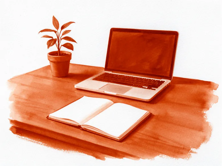 Akvarel af skrivebord med lukket laptop, plante og notesbog