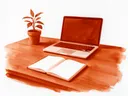 Akvarel af skrivebord med lukket laptop, plante og notesbog