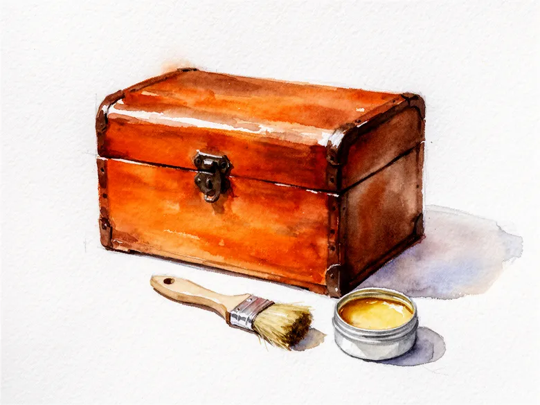 Akvarel af gammel kommode med voks og børste