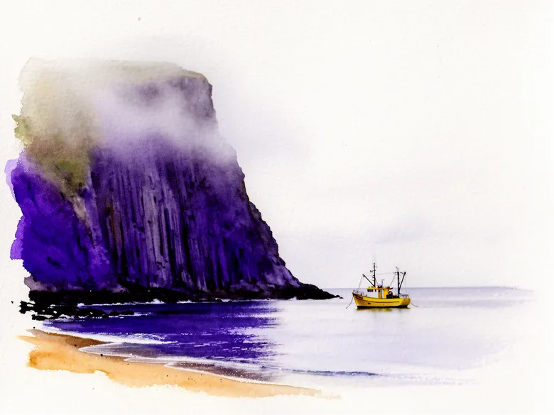 Akvarel af islandsk kyst med fiskerbåd