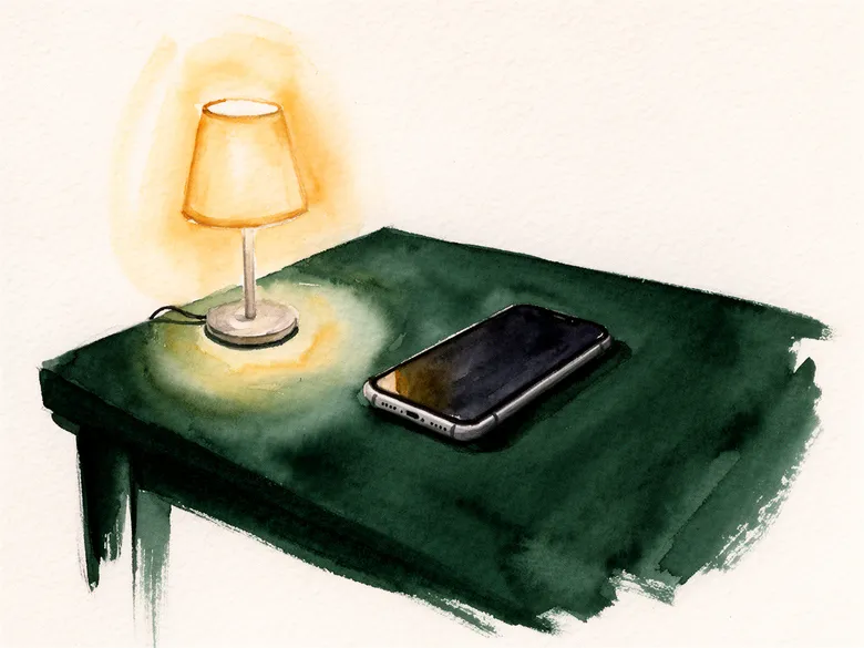Akvarel af mobil og varm lampe ved seng