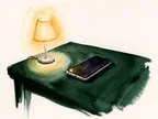 Akvarel af mobil og varm lampe ved seng