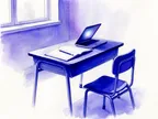 Akvarel af elevbord med notesbog, blyant og lukket laptop
