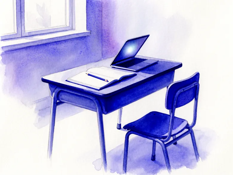 Akvarel af elevbord med notesbog, blyant og lukket laptop