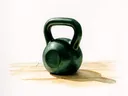 Akvarel af en kettlebell på trægulv