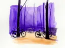 Akvarel af stille Berlin-gård med cykler og caféborde