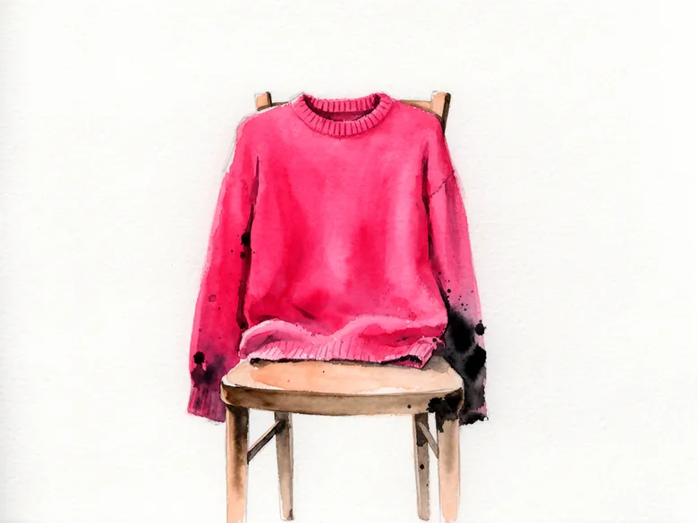 Akvarel af uldsweater hængt fladt over stol