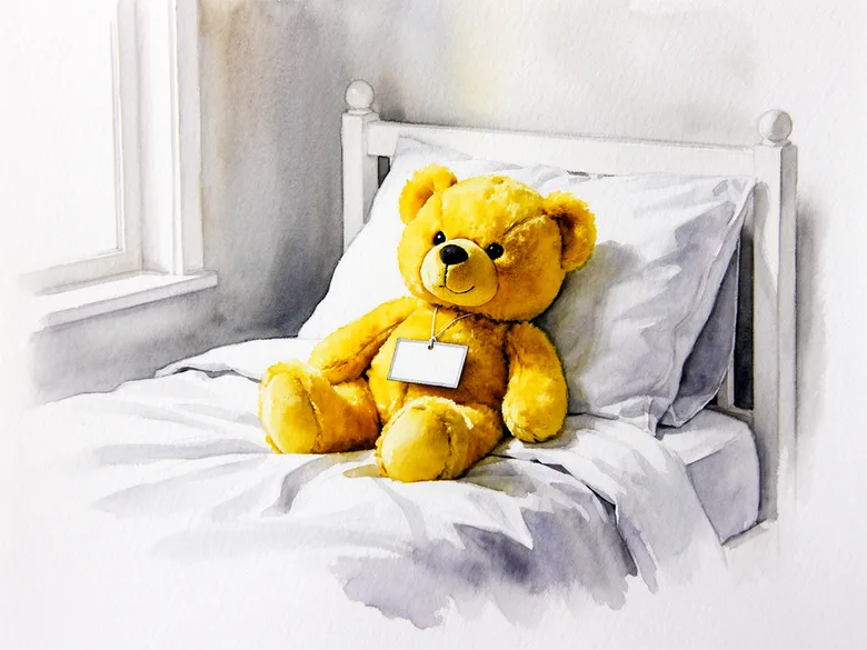 Akvarel af en bamse med navneskilt