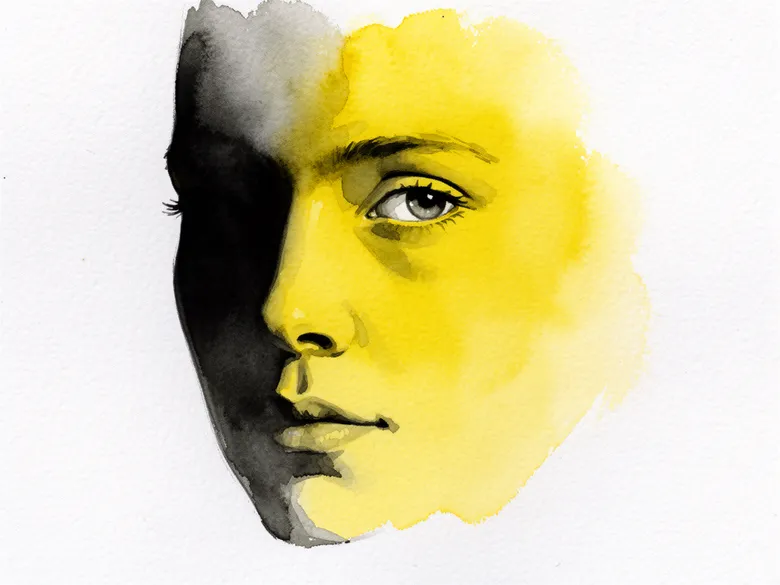 Akvarel af ansigt halvt i skygge