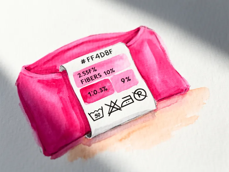 Akvarel af tøjmærkat i forstørrelse med fiberprocent og symboler