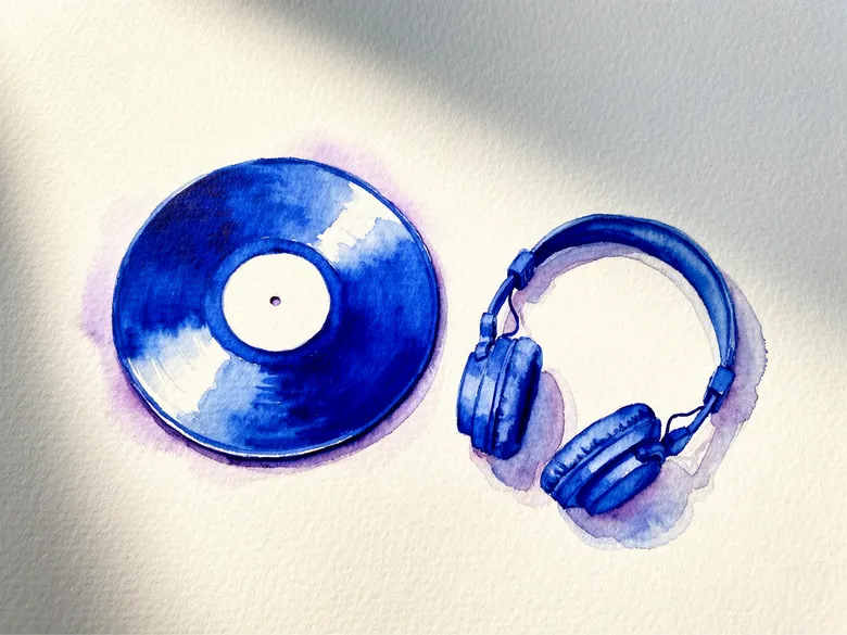 Akvarel af vinyl og hovedtelefoner