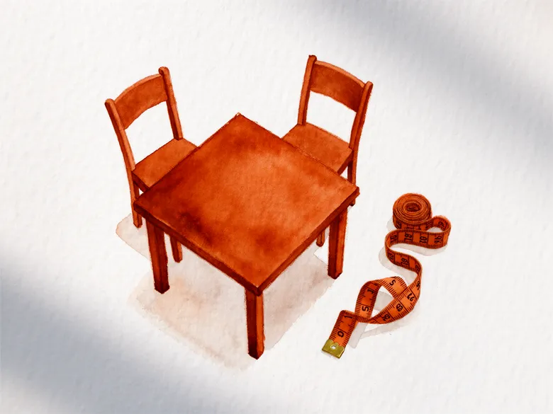 Akvarel set ovenfra af bord med målebånd