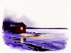 Akvarel af rødt sommerhus ved frostkyst