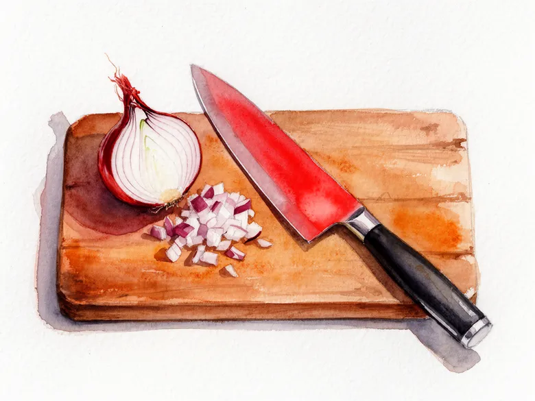Akvarel af kokkekniv og halveret løg