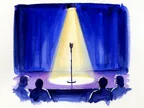 Akvarel af mikrofon i spotlight på lille scene
