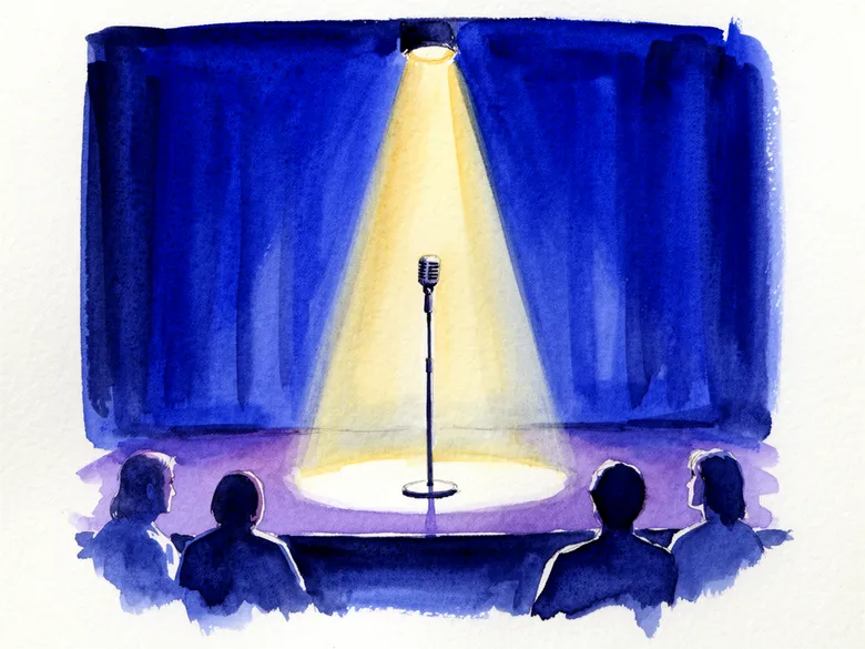 Akvarel af mikrofon i spotlight på lille scene