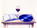 Akvarel af et åbent bog ved siden af et glas vin og en LP-plade