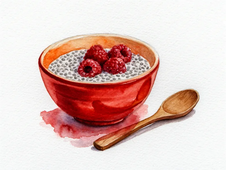 Akvarel af chiagrød med hindbær