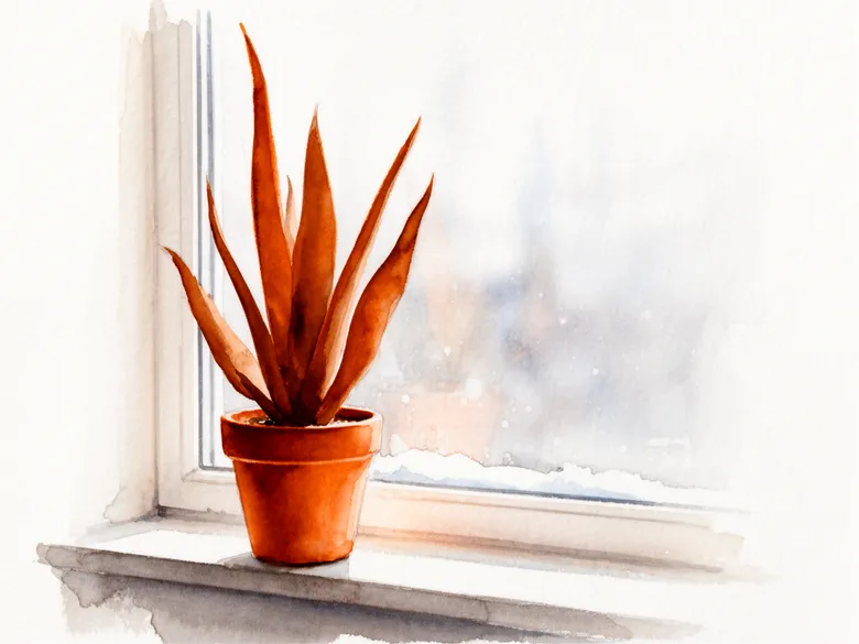 Akvarel af sansevieria i vindueskarm om vinteren