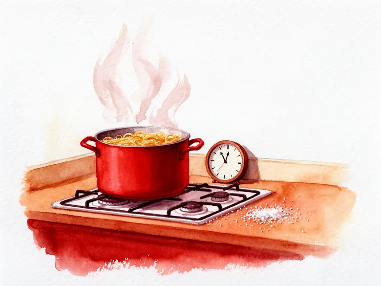 Akvarel af en pasta-gryde og et ur