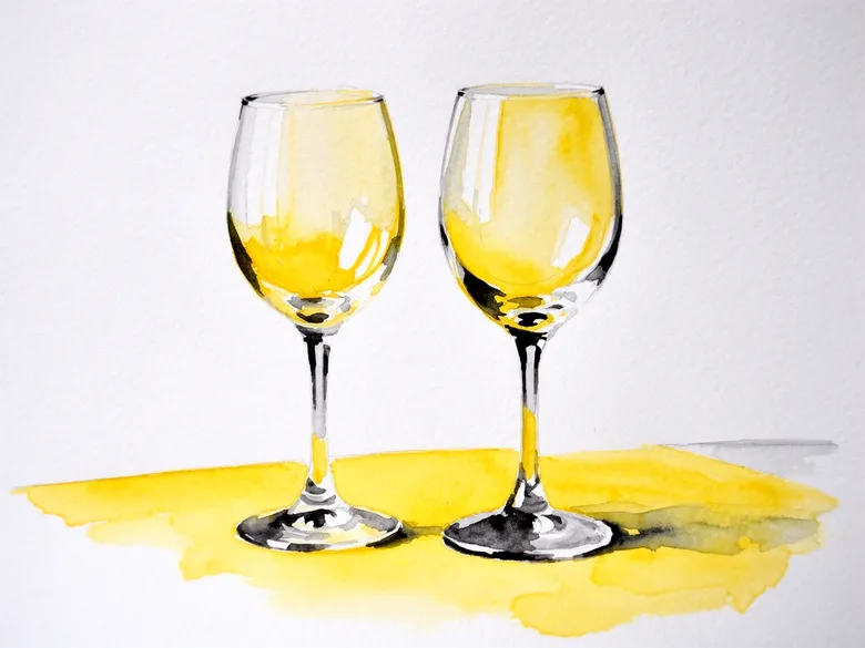 Akvarel af to tomme vinglas på bord