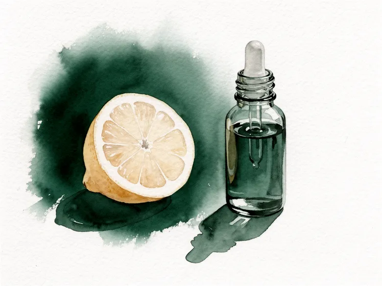 Akvarel af citronskive og dråbeflaske i vinterlys