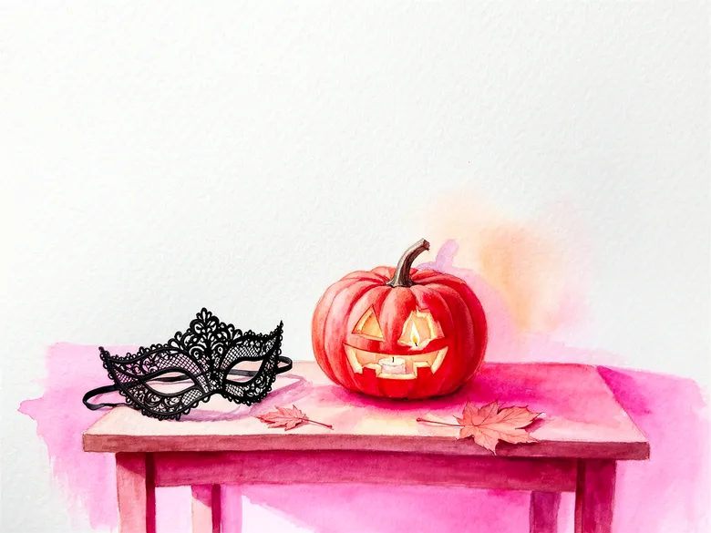 Akvarel af udskåret græskar med stearinlys, sort blondemaske og efterårsblad