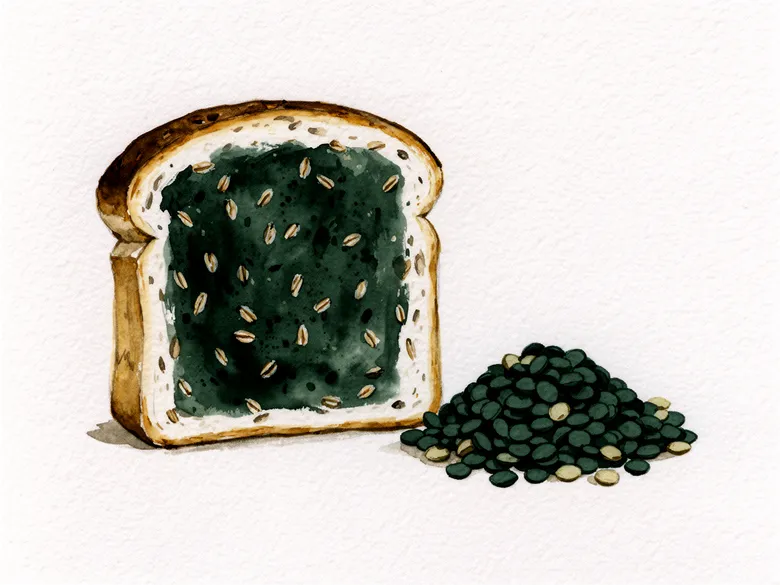 Akvarel af rugbrødsskive og linser