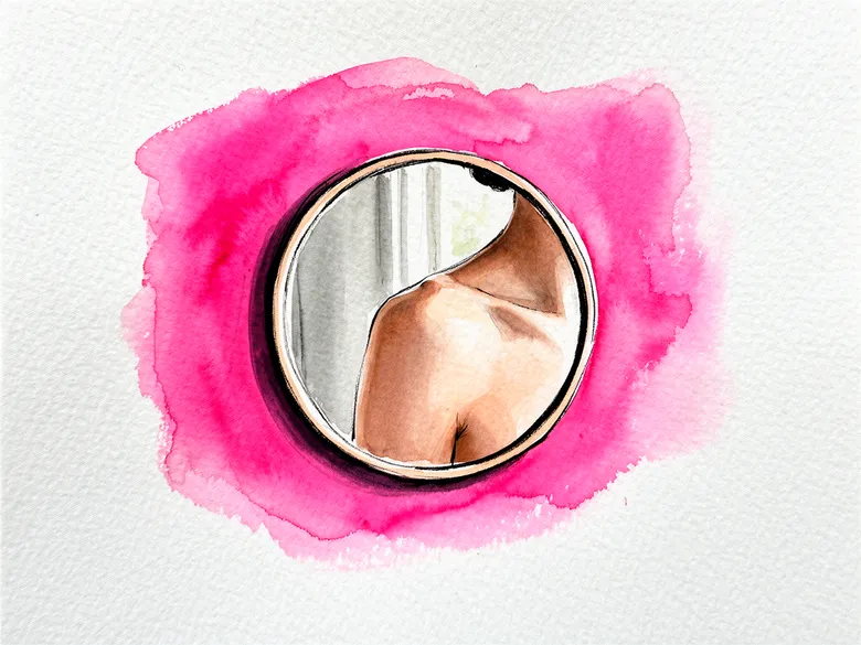 Akvarel af spejl med hudrefleksion