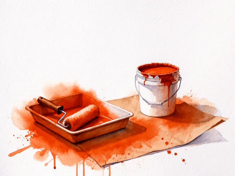 Akvarel af en malerrulle og maling