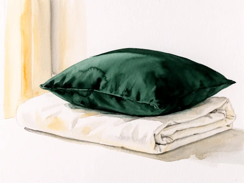 Akvarel af pude på foldet lagen