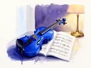 Akvarel af violin på opslået nodebog under varm lampe