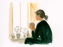 Akvarel-portræt af Line Kristensen ved et morgenvindue med te