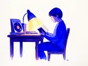 Akvarel-portræt af Frederik Juul ved et skrivebord med bog og lampe